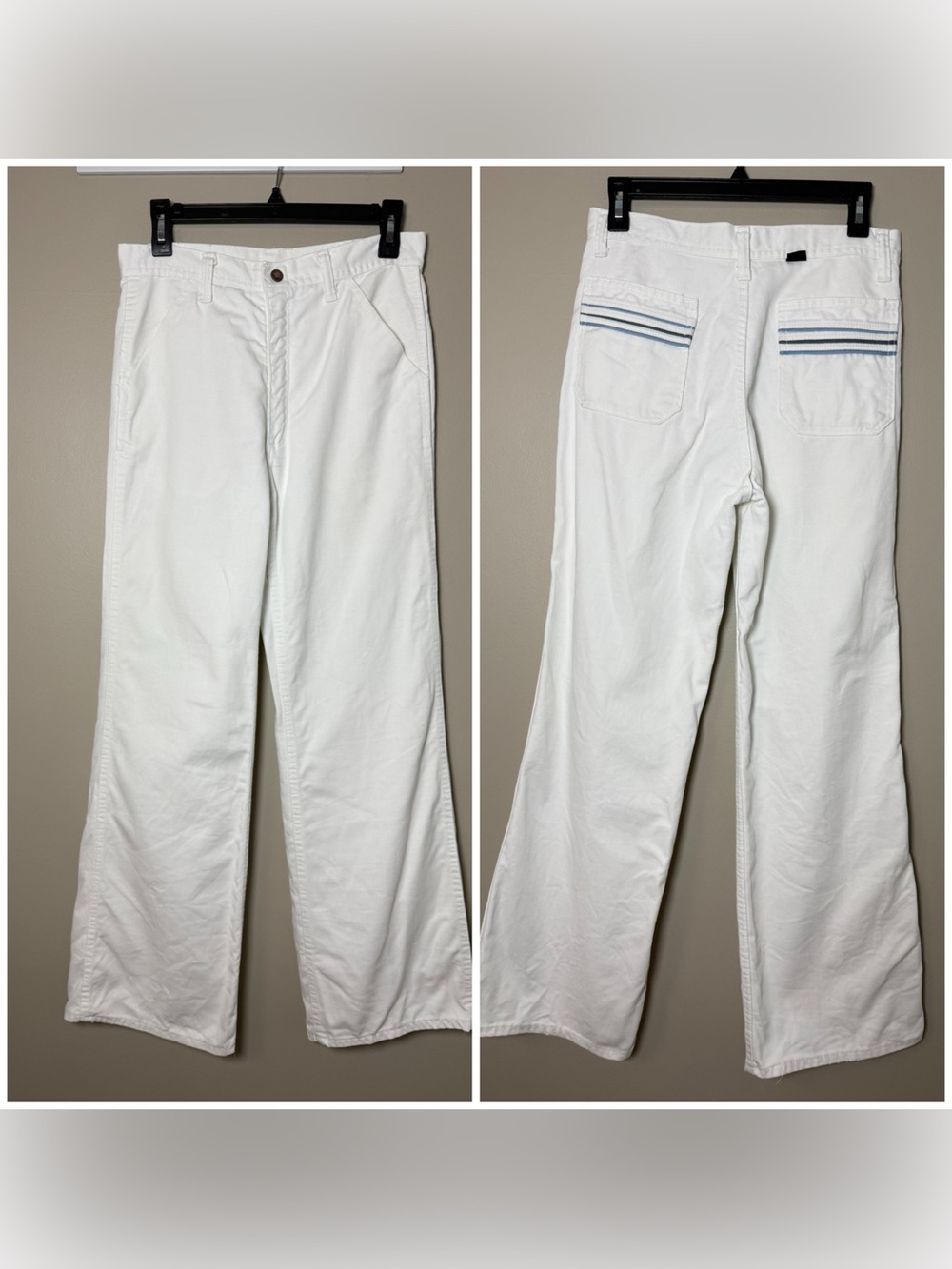 Vtg 1970s Red Snap White Denim Wide Leg Pants Scovill Zip Striped Pocket 28x30